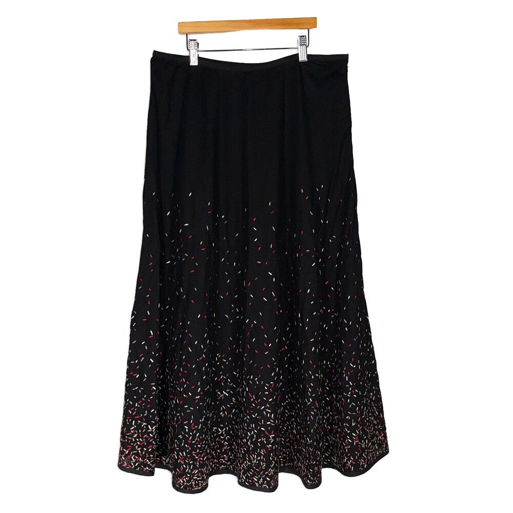 ZoZo Black Embroidered Confetti A Line Midi Skirt Size 12 Silk Cotton Blend